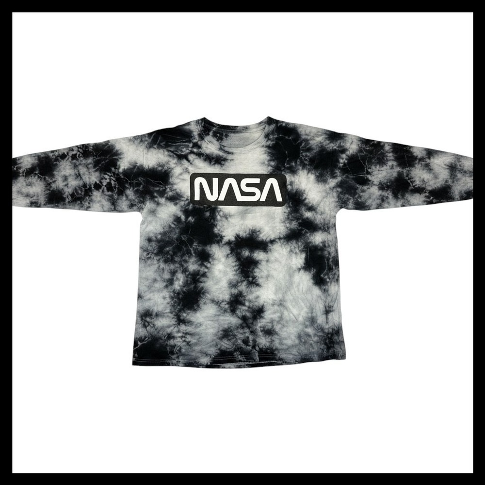 NASA Long Sleeve Tie Dye Graphic Tee Black White Space Logo Shirt